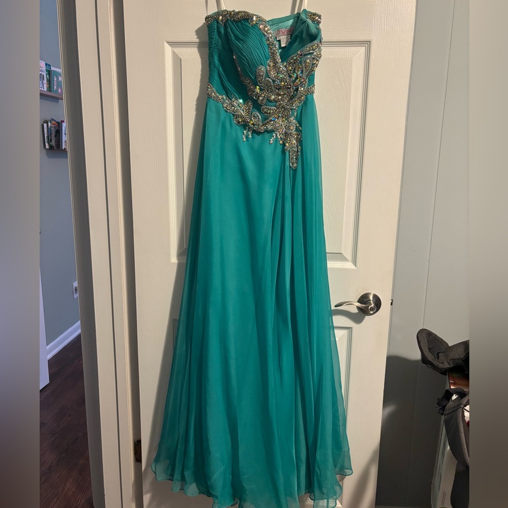 JVN Teal Embellished Prom Dress